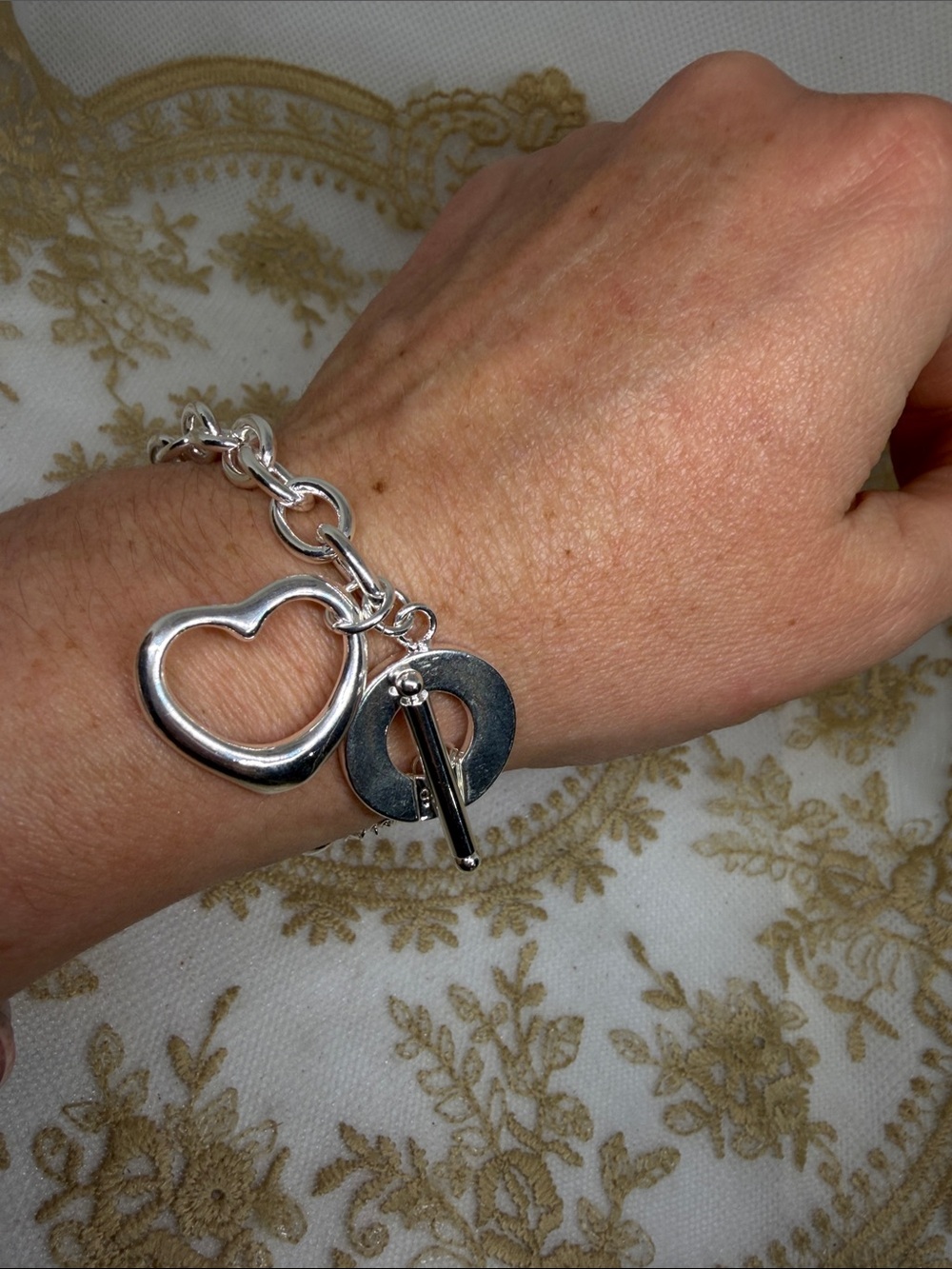 925 Sterling Silver Oversized Open Heart Toggle Bracelet Classic Silver Chain